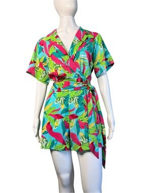 Milk & Honey Surplice Wrap Side Tie Tropical Print Romper Size L